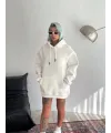 Kadın Kapüşonlu Kanguru Cepli 3 İplik Pamuklu Oversize Hoodie Sweatshirt - Beyaz