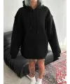 Kadın Kapüşonlu Kanguru Cepli 3 İplik Pamuklu Oversize Hoodie Sweatshirt - Siyah
