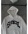 Kadın Kapüşonlu Kanguru Cepli Sweatshirt 3 İplik Pamuklu Baskılı Hoodie -  Beyaz