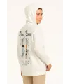 Kadın Kapüşonlu Kanguru Cepli Sweatshirt 3 İplik Pamuklu Baskılı Hoodie - Beyaz