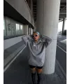 Kadın Kapüşonlu Kanguru Cepli Sweatshirt 3 İplik Pamuklu Baskılı Hoodie - Gri