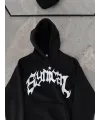 Kadın Kapüşonlu Kanguru Cepli Sweatshirt 3 İplik Pamuklu Baskılı Hoodie -  Siyah