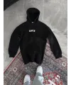 Kadın Kapüşonlu Kanguru Cepli Sweatshirt 3 İplik Pamuklu Baskılı Hoodie - Siyah