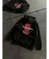 Kadın Kapüşonlu Kanguru Cepli Sweatshirt 3 İplik Pamuklu Baskılı Hoodie - Siyah