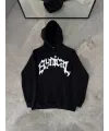 Kadın Kapüşonlu Kanguru Cepli Sweatshirt 3 İplik Pamuklu Baskılı Hoodie -  Siyah