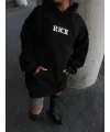 Kadın Kapüşonlu Kanguru Cepli Sweatshirt 3 İplik Pamuklu Baskılı Hoodie - Siyah