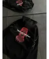 Kadın Kapüşonlu Kanguru Cepli Sweatshirt 3 İplik Pamuklu Baskılı Hoodie - Siyah