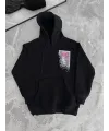 Kadın Kapüşonlu Kanguru Cepli Sweatshirt 3 İplik Pamuklu Baskılı Hoodie - Siyah
