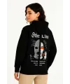 Kadın Kapüşonlu Kanguru Cepli Sweatshirt 3 İplik Pamuklu Baskılı Hoodie - Siyah