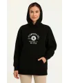 Kadın Kapüşonlu Kanguru Cepli Sweatshirt 3 İplik Pamuklu Baskılı Hoodie - Siyah