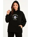 Kadın Kapüşonlu Kanguru Cepli Sweatshirt 3 İplik Pamuklu Baskılı Hoodie - Siyah