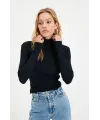 Kadın Kaşkorse Boğazlı Full Likralı Fitilli Body Kazak - Siyah