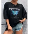 Kadın kelebek Baskılı Oversize kısa kol T-Shirt - Siyah
