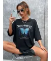 Kadın kelebek Baskılı Oversize kısa kol T-Shirt - Siyah