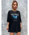 Kadın kelebek Baskılı Oversize kısa kol T-Shirt - Siyah