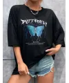 Kadın kelebek Baskılı Oversize kısa kol T-Shirt - Siyah