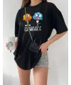 Kadın Kısa kol Tişört Bisiklet Yaka Baskılı Oversize T-Shirt - Siyah