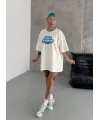 Kadın Kısa Kol Yazlık Tişört Bisiklet Yaka Baskılı Oversize T-Shirt - Beyaz