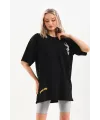 Kadın Kısa Kol Yazlık Tişört Bisiklet Yaka Baskılı Oversize T-Shirt - Siyah