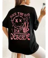 Kadın Kısa Kol Yazlık Tişört Bisiklet Yaka Baskılı Oversize T-Shirt - Siyah
