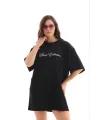 Kadın Kısa Kol Yazlık Tişört Bisiklet Yaka Baskılı Oversize T-Shirt - Siyah