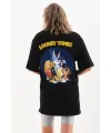 Kadın Kısa Kol Yazlık Tişört Bisiklet Yaka Baskılı Oversize T-Shirt - Siyah