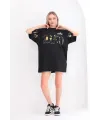 Kadın Kısa Kol Yazlık Tişört Bisiklet Yaka Baskılı Oversize T-Shirt - Siyah
