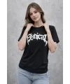 Kadın Kısa Kol Yazlık Tişört Bisiklet Yaka Baskılı Oversize T-Shirt - Siyah