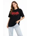 Kadın Kısa Kol Yazlık Tişört Bisiklet Yaka Baskılı Oversize T-Shirt -  Siyah