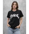 Kadın Kısa Kol Yazlık Tişört Bisiklet Yaka Baskılı Oversize T-Shirt - Siyah
