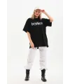Kadın Kısa Kol Yazlık Tişört Bisiklet Yaka Baskılı Oversize T-Shirt - Siyah