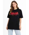 Kadın Kısa Kol Yazlık Tişört Bisiklet Yaka Baskılı Oversize T-Shirt -  Siyah