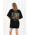 Kadın Kısa Kol Yazlık Tişört Bisiklet Yaka Baskılı Oversize T-Shirt - Siyah