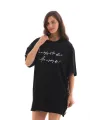 Kadın Kısa Kol Yazlık Tişört Bisiklet Yaka Baskılı Oversize T-Shirt - Siyah