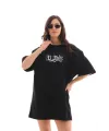 Kadın Kısa Kol Yazlık Tişört Bisiklet Yaka Baskılı Oversize T-Shirt - Siyah