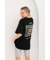 Kadın Kısa Kol Yazlık Tişört Bisiklet Yaka Baskılı Oversize T-Shirt - Siyah