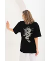 Kadın Kısa Kol Yazlık Tişört Bisiklet Yaka Ejderha Baskılı T-Shirt - Siyah