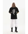 Kadın Kısa Kol Yazlık Tişört Bisiklet Yaka Ejderha Baskılı T-Shirt - Siyah