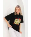 Kadın Kısa Kol Yazlık Tişört Bisiklet Yaka Ejderha Baskılı T-Shirt - Siyah