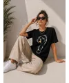 Kadın Kuğu Figürlü Soru İşareti Baskılı Tişört Kısa Kol T-Shirt - Siyah