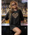 Kadın Leopar Kalp Baskılı Tişört Kısa Kol Bisiklet Yaka Oversize T-shirt - Siyah