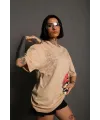 Kadın Mario Baskılı T-Shirt Oversize Kısa kol Bisiklet yaka tişort - Bej