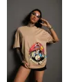 Kadın Mario Baskılı T-Shirt Oversize Kısa kol Bisiklet yaka tişort - Bej