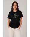 Kadın Müzik Temalı Baskılı Tişört Bisiklet Yaka Kısa Kol T-Shirt - Siyah