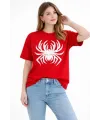 Kadın Örümcek Baskılı Tişört Kısa Kollu Bisiklet Yaka T-Shirt - Kırmızı