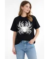 Kadın Örümcek Baskılı Tişört Kısa Kollu Bisiklet Yaka T-Shirt - Siyah