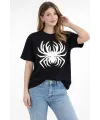 Kadın Örümcek Baskılı Tişört Kısa Kollu Bisiklet Yaka T-Shirt - Siyah