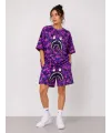Kadın Oversize Kalıp Pubg Bape X Shark Nakışlı Cepli Şort Takım - Mor