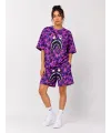 Kadın Oversize Kalıp Pubg Bape X Shark Nakışlı Cepli Şort Takım - Mor