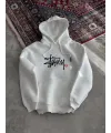 Kadın Oversize Kapüşonlu Cepli Baskılı 3 İplik Pamuklu Hoodie Sweatshirt - Beyaz